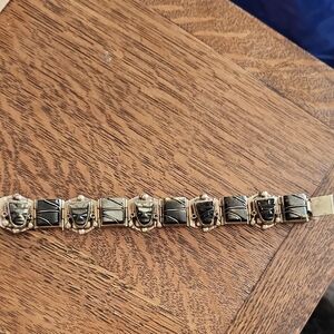 Vintage Sterling Silver Obsidian Panel Bracelet